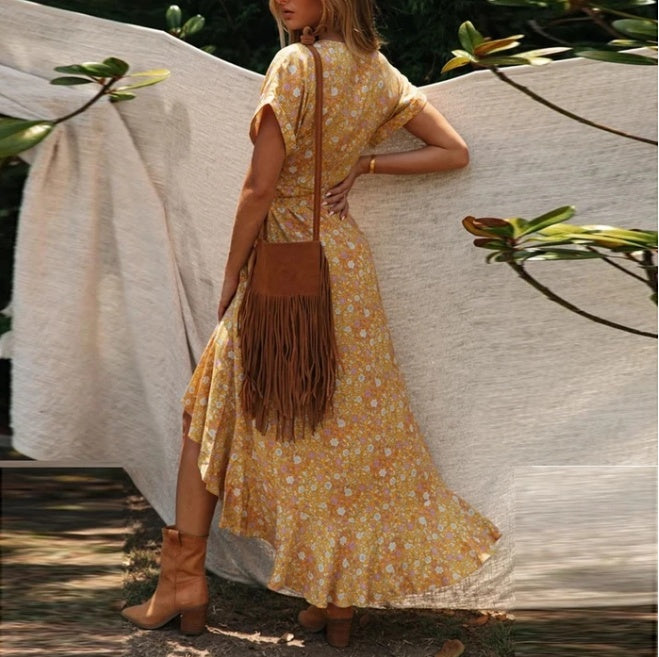 Vintage print V-neck lace dress