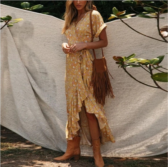 Vintage print V-neck lace dress