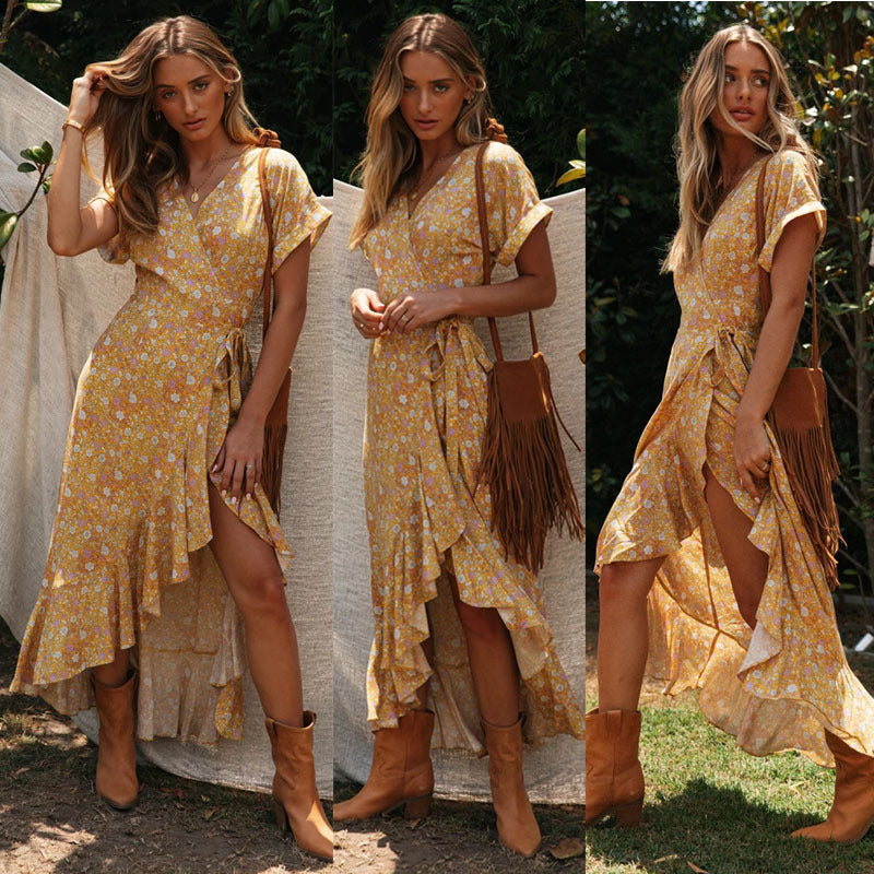 Vintage print V-neck lace dress