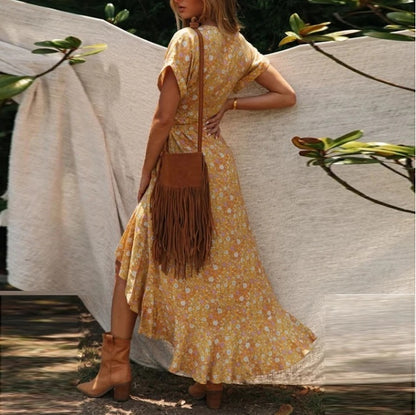 Vintage print V-neck lace dress